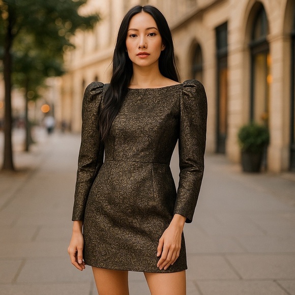 Vintage Dresses & Skirts - Vintage Jacquard Black & Gold Mini dress